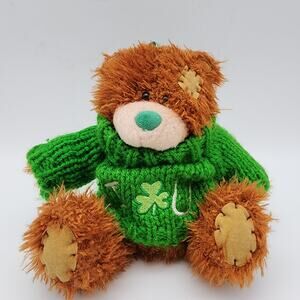 Vtg Irish Softies Patchwork Teddy Bear Plush Ornament 6" Green Shamrock Sweater